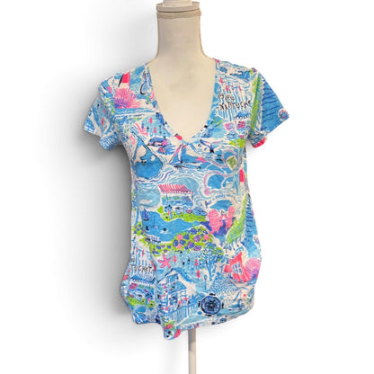 Lilly Pulitzer Nantucket Map Print V-Neck T-Shirt, XXS NWOT