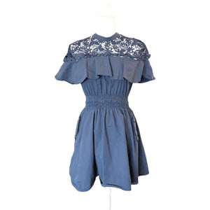 Self-Portrait Navy Lace Yoke Mini Dress UK 12 US 8 Cotton Blend Short Sleeve