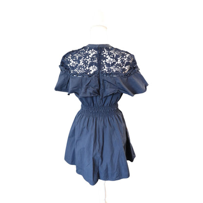 Self-Portrait Navy Lace Yoke Mini Dress UK 12 US 8 Cotton Blend Short Sleeve