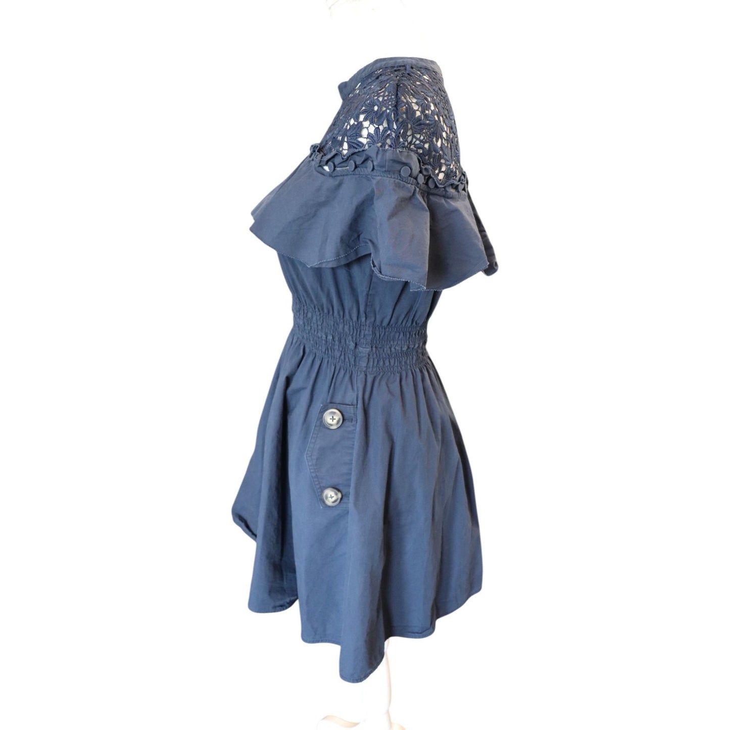 Self-Portrait Navy Lace Yoke Mini Dress UK 12 US 8 Cotton Blend Short Sleeve