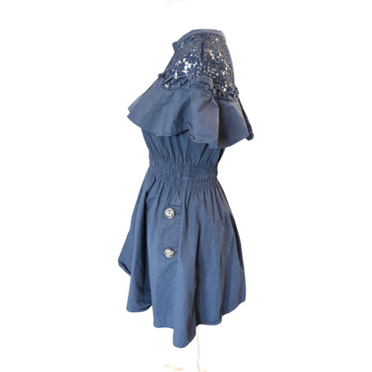Self-Portrait Navy Lace Yoke Mini Dress UK 12 US 8 Cotton Blend Short Sleeve