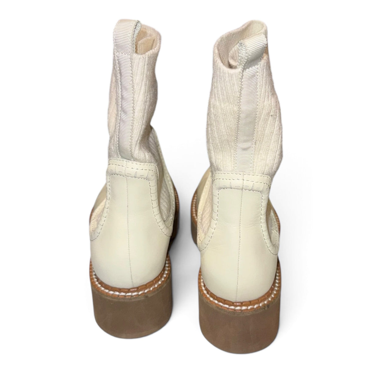 Dee Ocleppo Cream Leather & Ribbed Knit Ankle Boots Size 5.5 NWOB