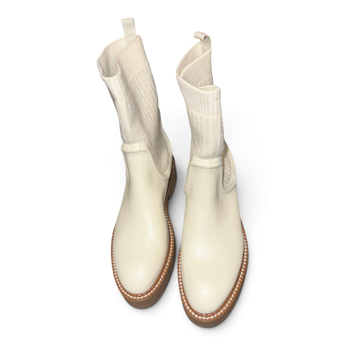 Dee Ocleppo Cream Leather & Ribbed Knit Ankle Boots Size 5.5 NWOB