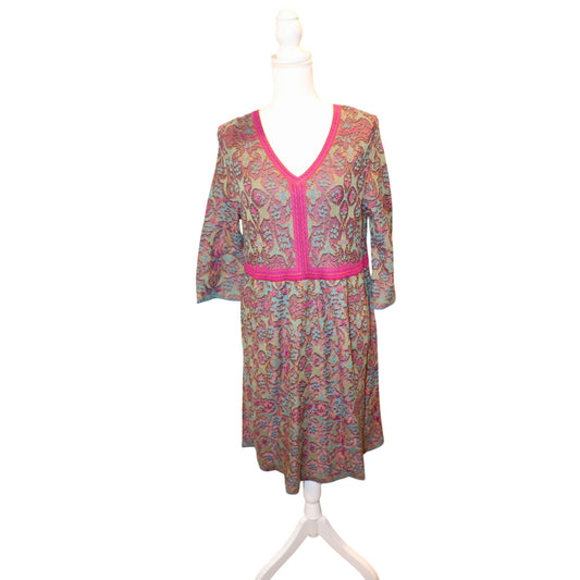 Peruvian Connection Kashmiri Jacquard Dress Knit Dress With Pink Trim Size L 3/4 Sleeves
