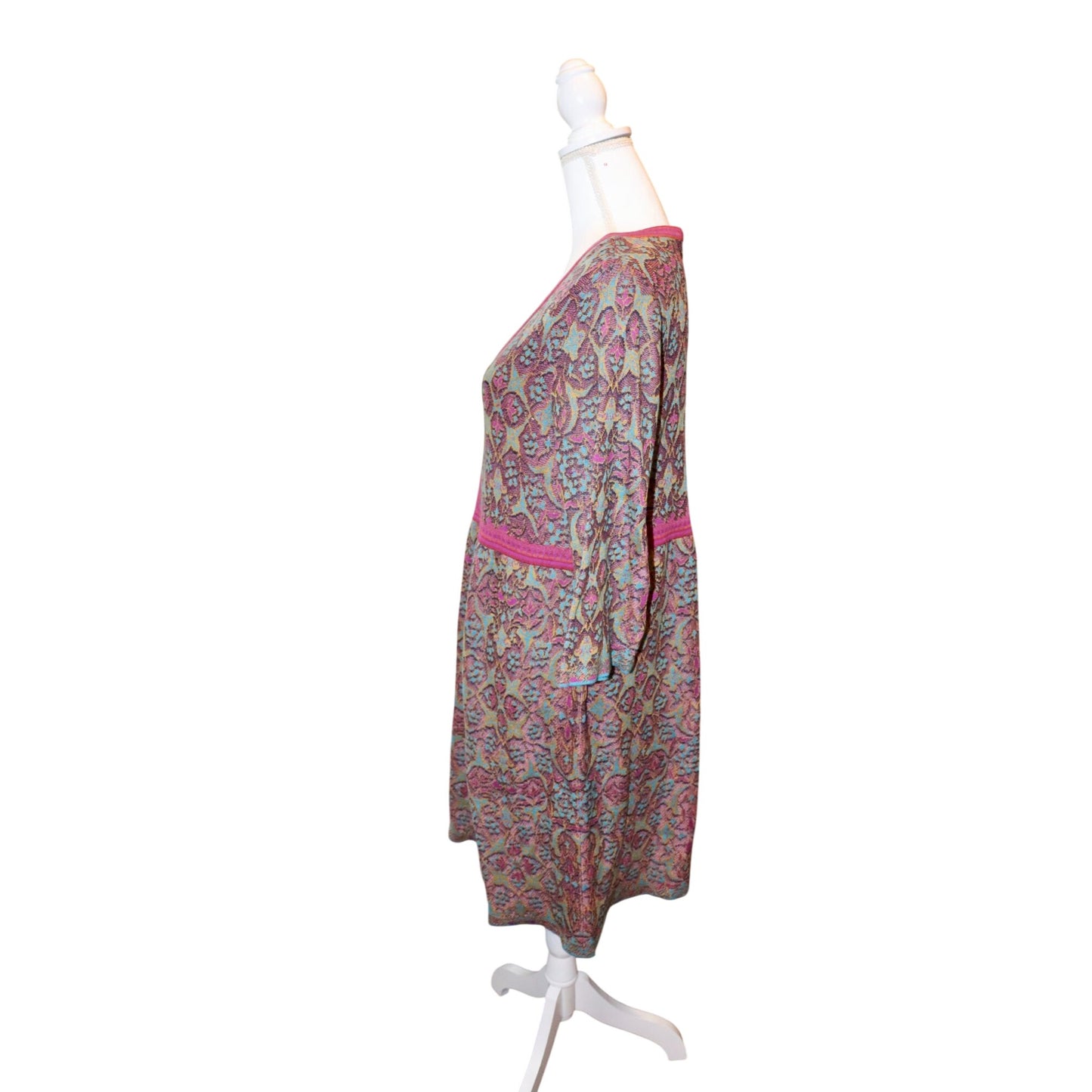 Peruvian Connection Kashmiri Jacquard Dress Knit Dress With Pink Trim Size L 3/4 Sleeves