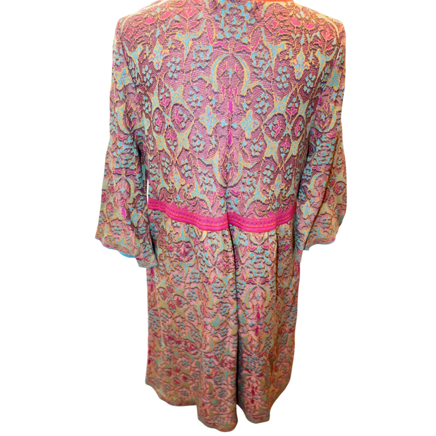 Peruvian Connection Kashmiri Jacquard Dress Knit Dress With Pink Trim Size L 3/4 Sleeves