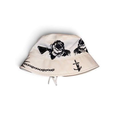 Prada Nylon Bucket Hat With Lace-Up Back & Black Floral Anchor Print Size M White/Black