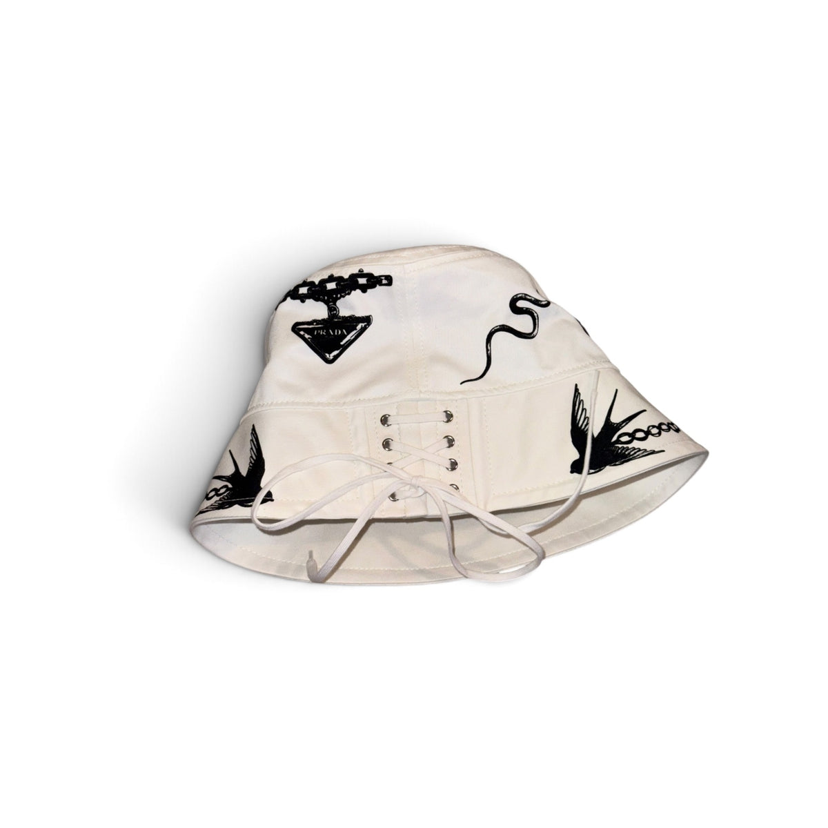 Prada Nylon Bucket Hat With Lace-Up Back & Black Floral Anchor Print Size M White/Black