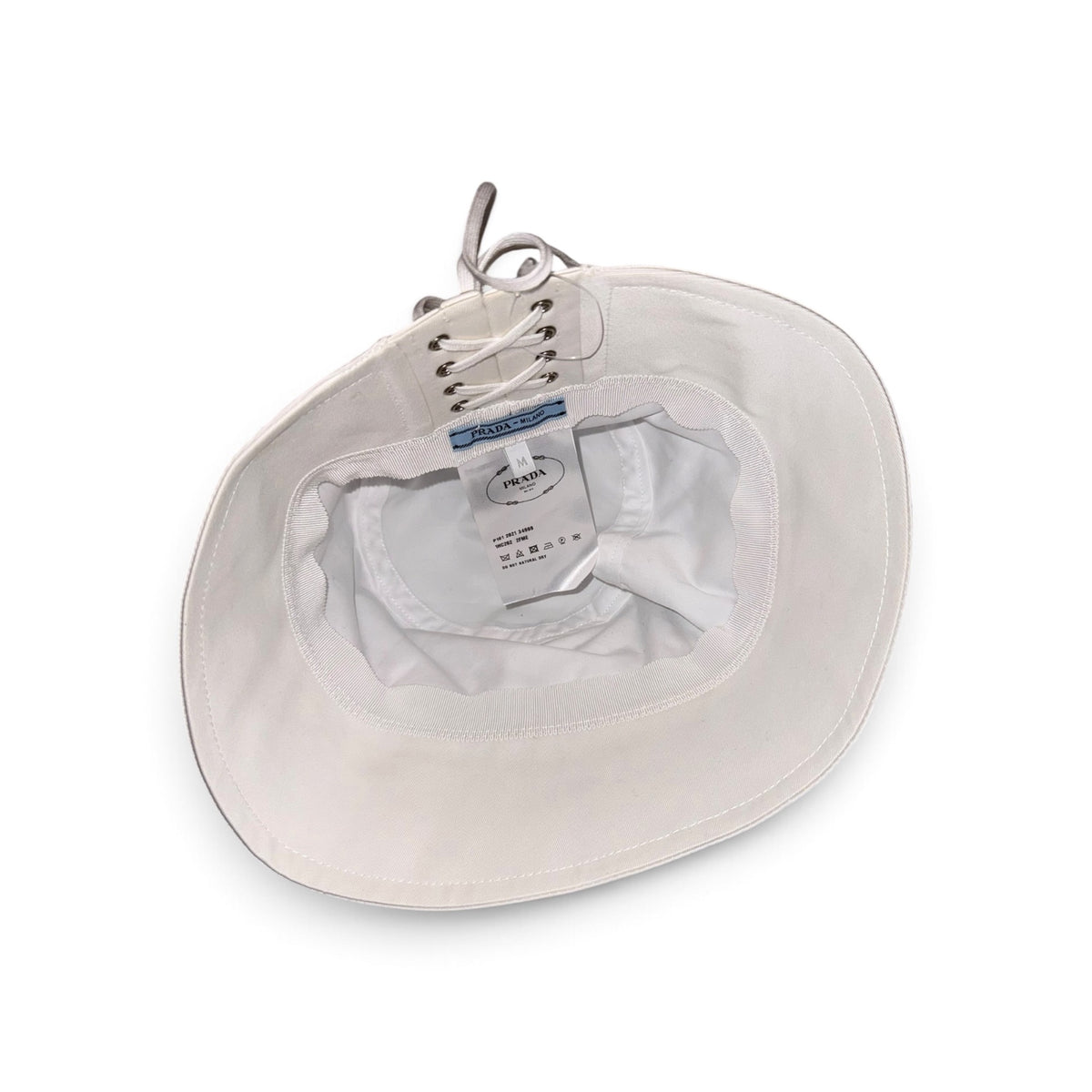 Prada Nylon Bucket Hat With Lace-Up Back & Black Floral Anchor Print Size M White/Black