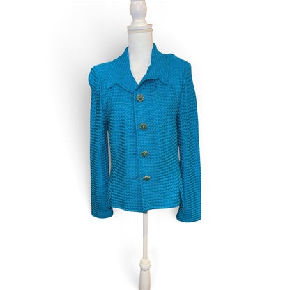 St. John Blue Textured Knit Jacket With Embellished Buttons Size 10 Made In USA