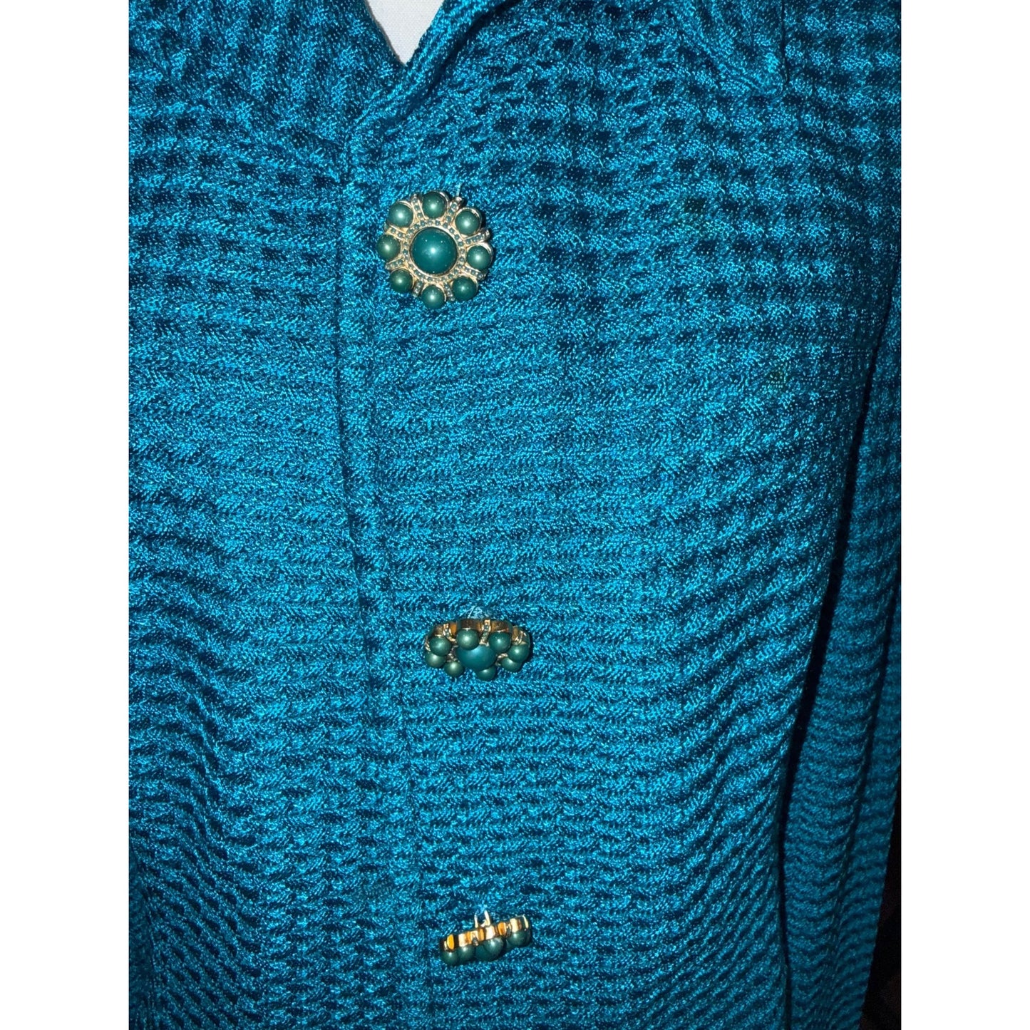 St. John Blue Textured Knit Jacket With Embellished Buttons Size 10 Made In USA
