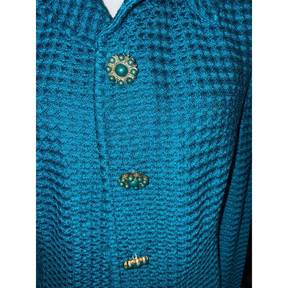 St. John Blue Textured Knit Jacket With Embellished Buttons Size 10 Made In USA