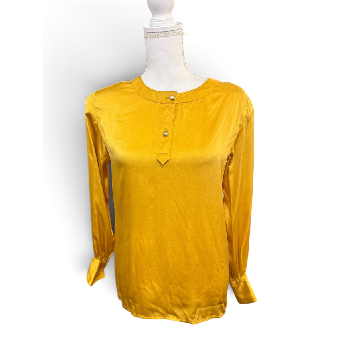 Chanel Yellow Long-Sleeve Satin Blouse With Button Details, Fits US 4