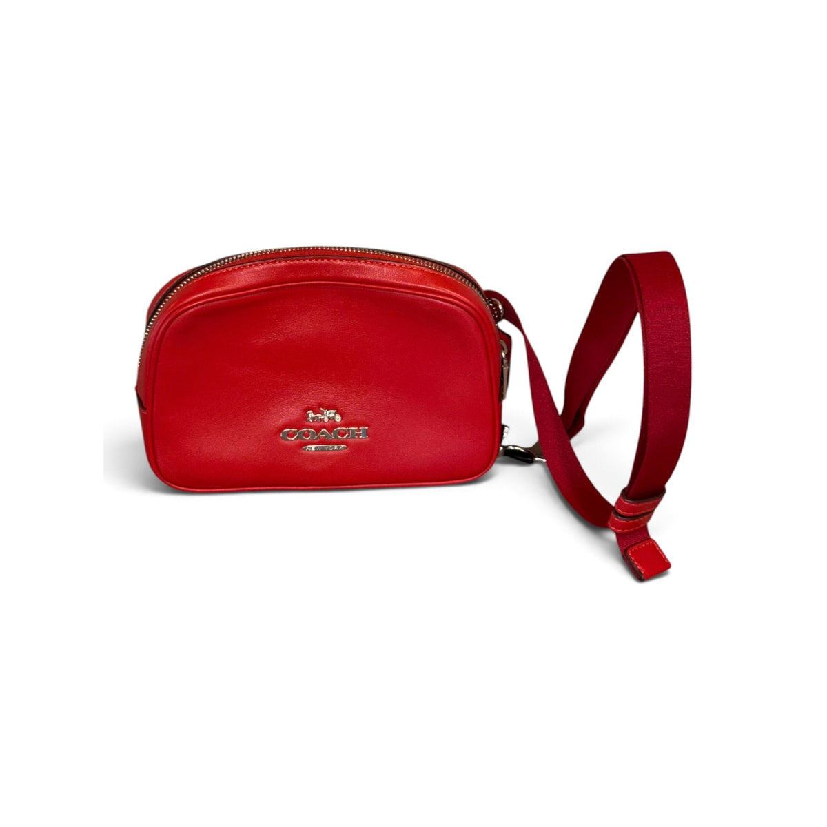 Coach Red Leather Crossbody Bag With Adjustable Strap And Silver Hardware