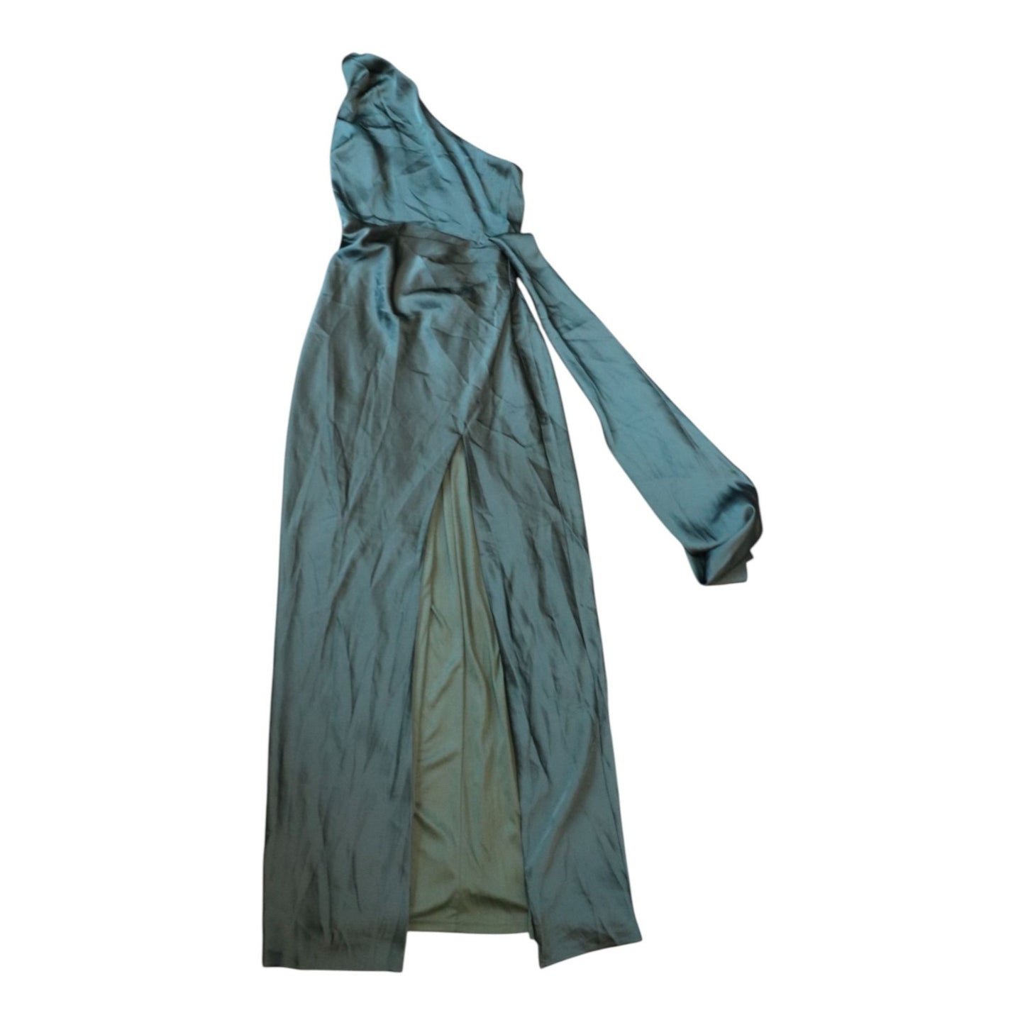 Lulus One-Shoulder Teal Maxi Dress With Front Slit XS Satin