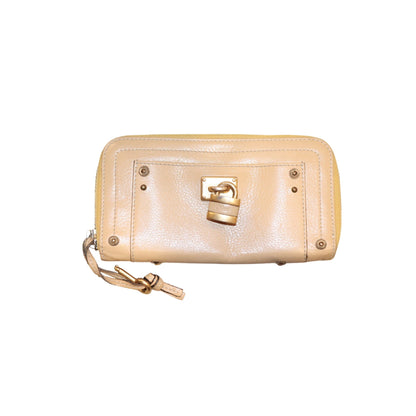 Chloé Paddington Beige Leather Wallet With Gold Padlock Accents & Zip-Around Closure