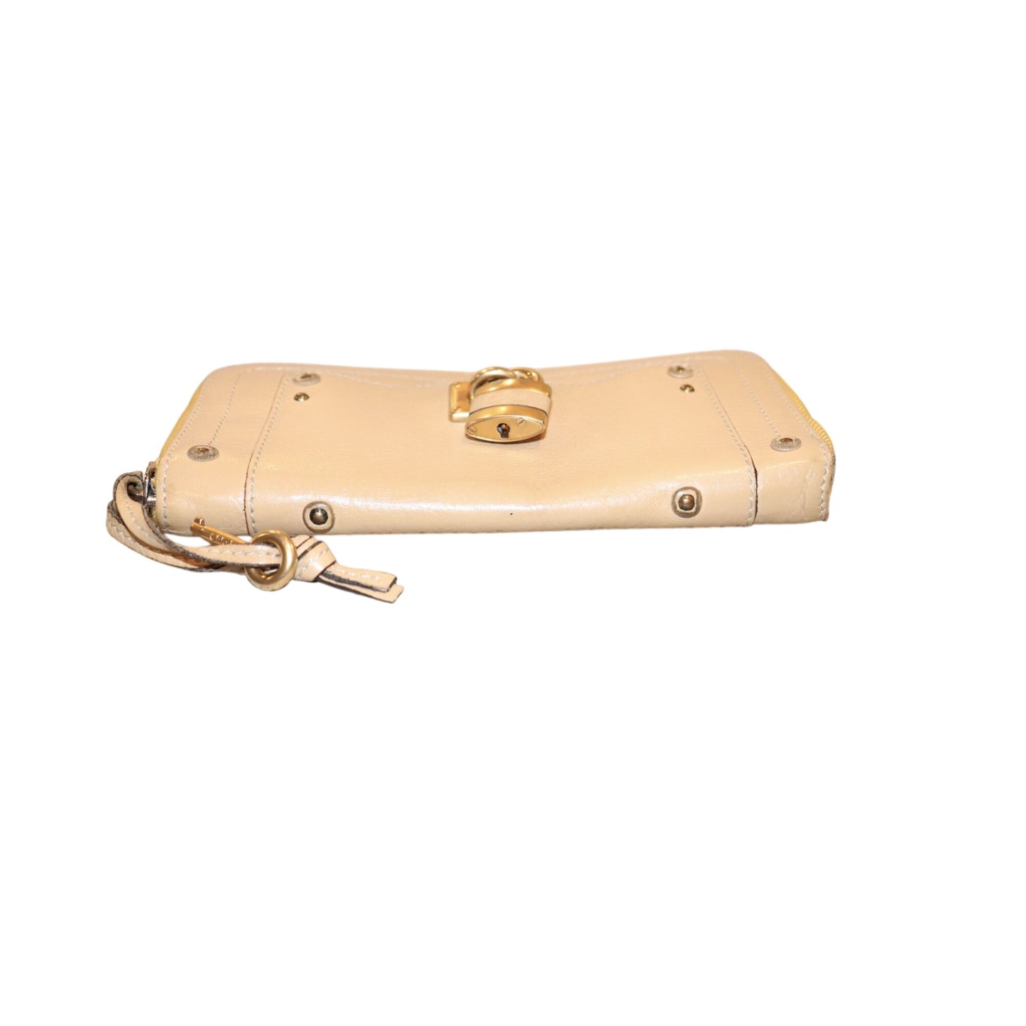 Chloé Paddington Beige Leather Wallet With Gold Padlock Accents & Zip-Around Closure