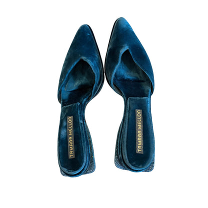 Tamara Mellon Blue Velvet Rhinestone Heel Mules Size 42/US 12 Made In Italy