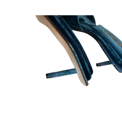 Tamara Mellon Blue Velvet Rhinestone Heel Mules Size 42/US 12 Made In Italy