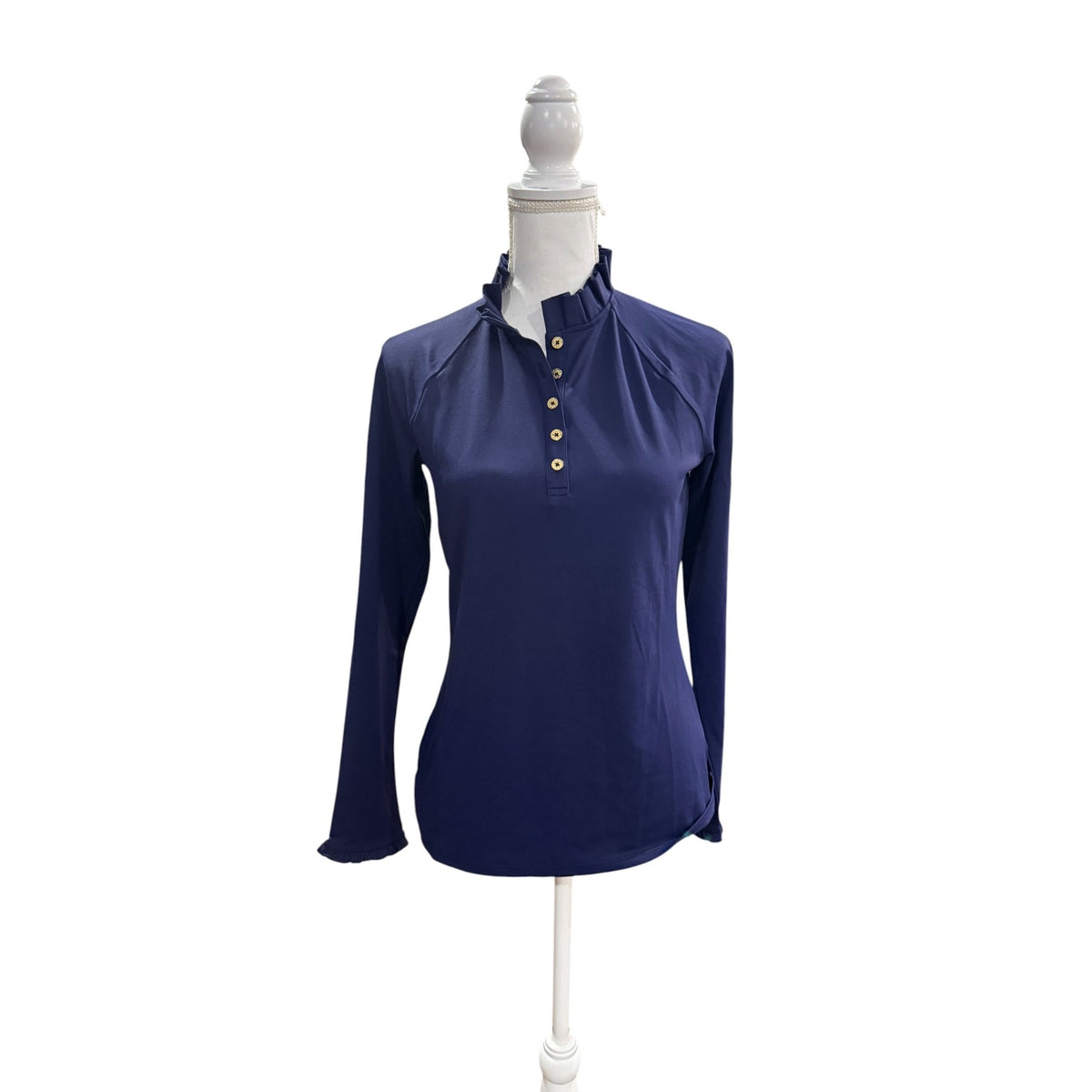 Lilly Pulitzer Luxletic Navy Long-Sleeve Ruffle Collar Button-Up Top, Small