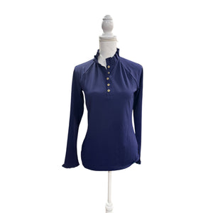 Lilly Pulitzer Luxletic Navy Long-Sleeve Ruffle Collar Button-Up Top, Small