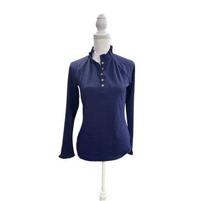 Lilly Pulitzer Luxletic Navy Long-Sleeve Ruffle Collar Button-Up Top, Small