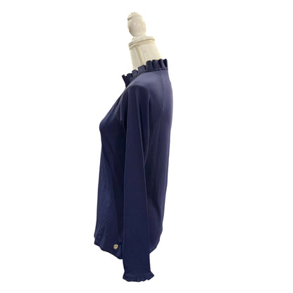 Lilly Pulitzer Luxletic Navy Long-Sleeve Ruffle Collar Button-Up Top, Small