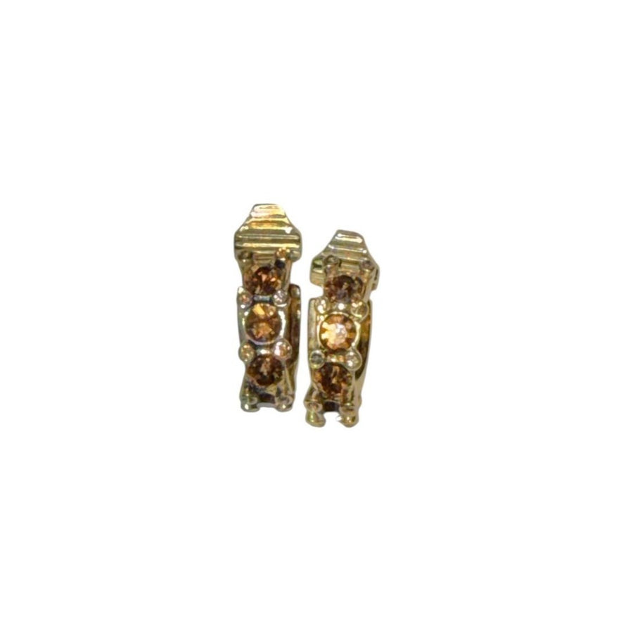 Monet Vintage Gold-Tone Brown Rhinestone Clip-On Hoop Earrings