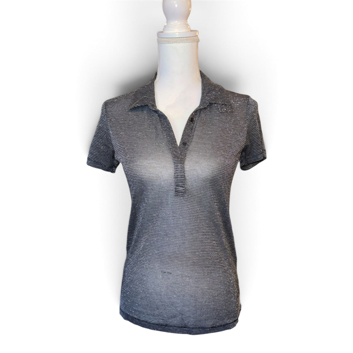 Rag & Bone Womens Metallic Silver Striped Knit Polo , S/P NWT