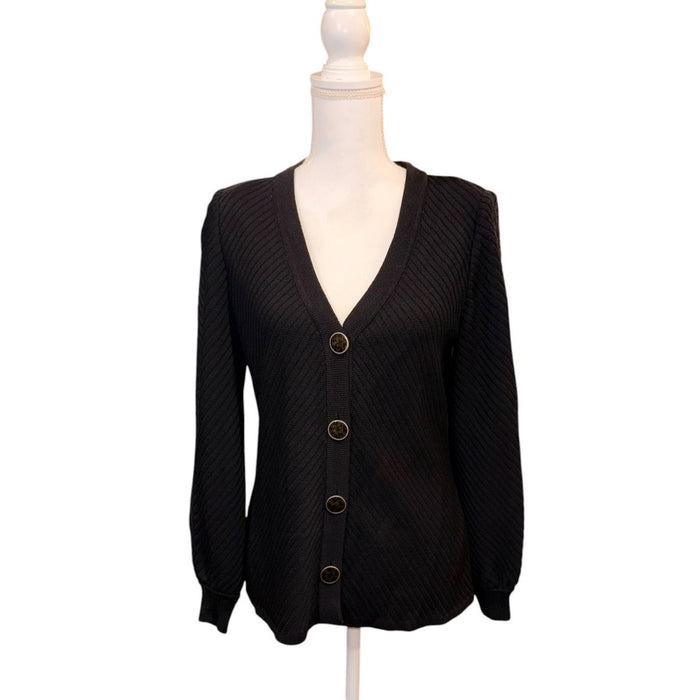 St John Black Button-Front Cardigan Sweater With V-Neck And Ribbed Texture Small