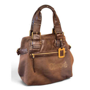 Chloé Large Brown Canvas & Leather Tote Bag With Gold Accents
