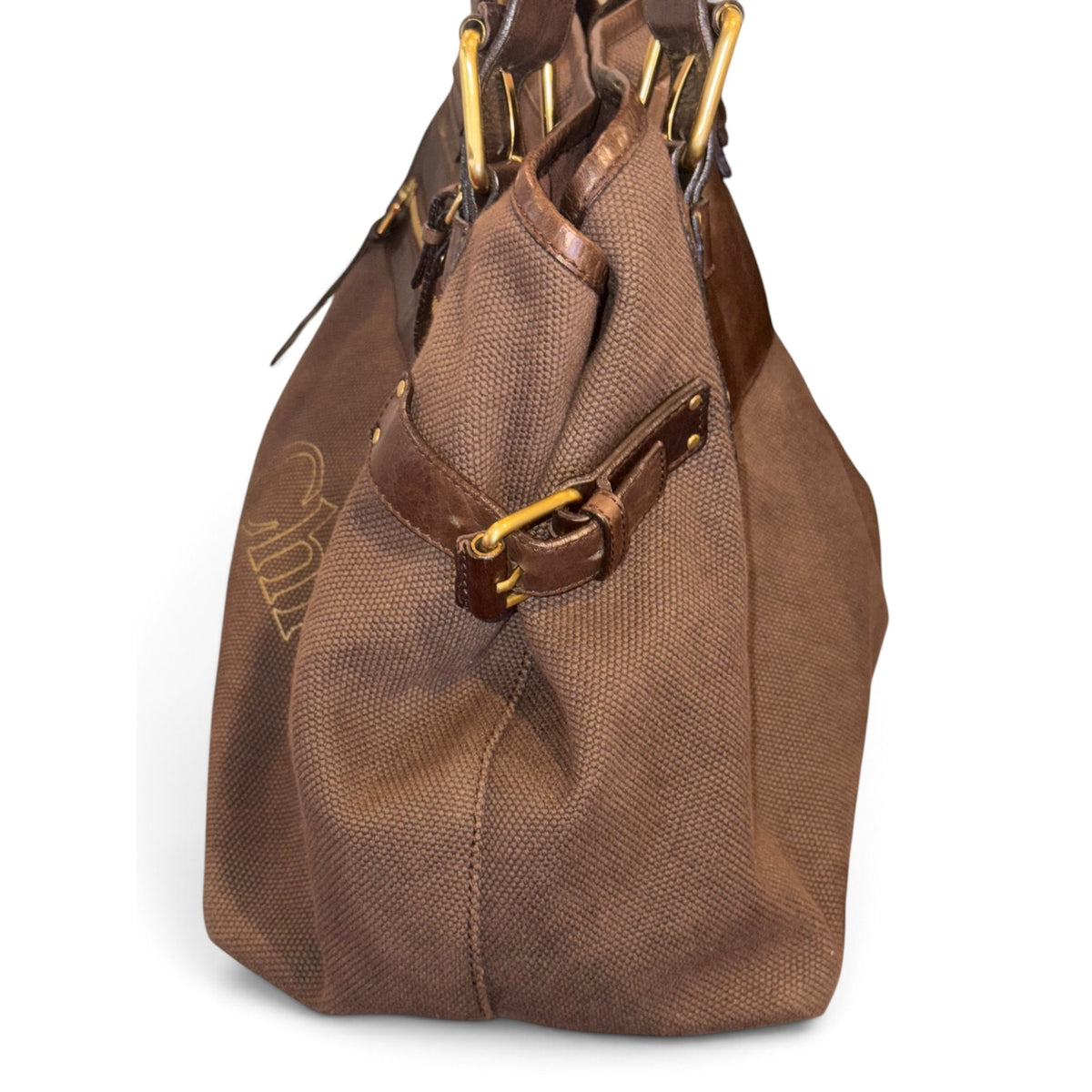 Chloé Large Brown Canvas & Leather Tote Bag With Gold Accents